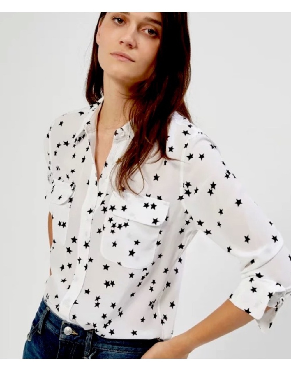 Equipment Silk White Button-Down Shirt with Black Star Print